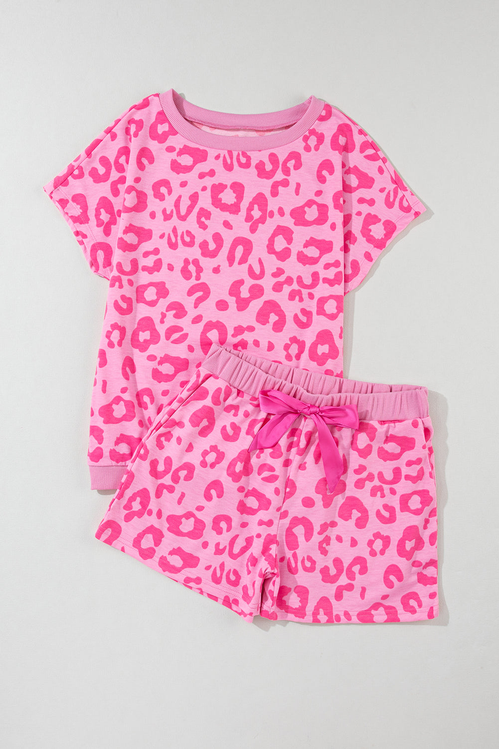 Leopard Print Tee And Satin Tie Shorts Lounge Set | Pink