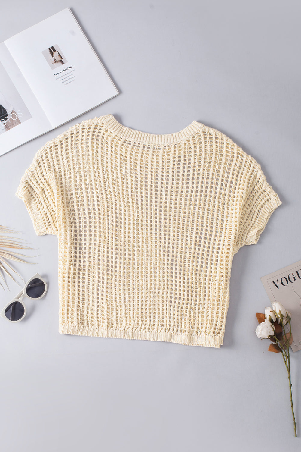 Fishnet Knit Ribbed Round Neck Short Sleeve Sweater Tee | Apricot