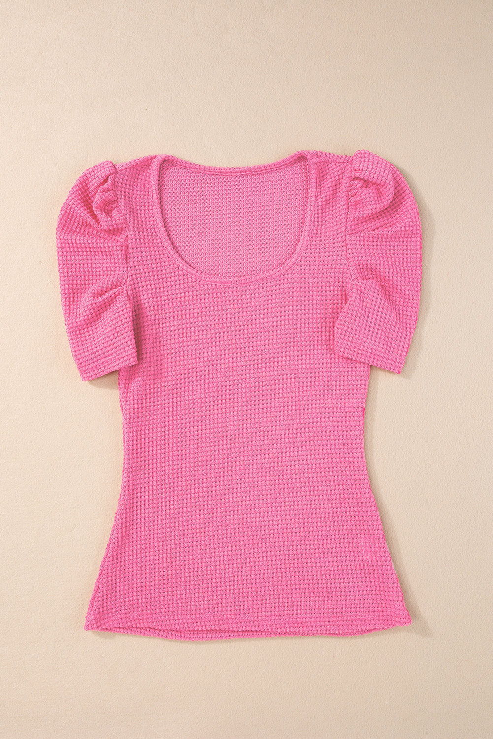 Waffle Knit Ruched Puff Sleeve Top | Bright Pink