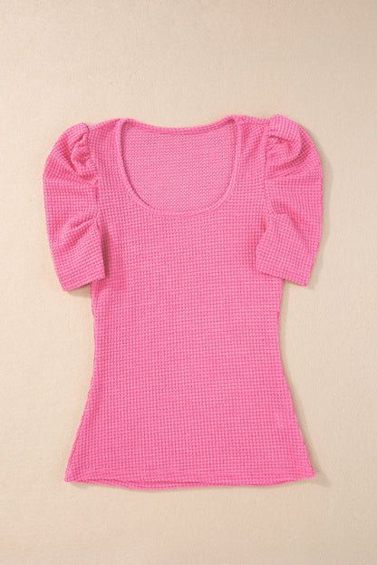 Waffle Knit Ruched Puff Sleeve Top | Bright Pink