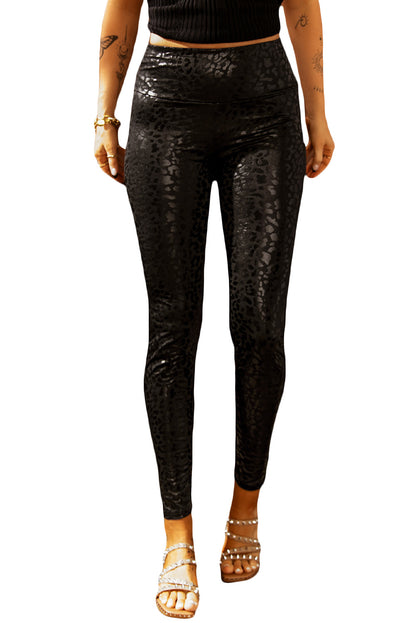 Shiny Leopard Textured Leggings | Black