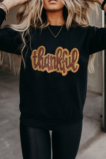 Black Glittering thankful Graphic Drop Shoulder Sweatshirt