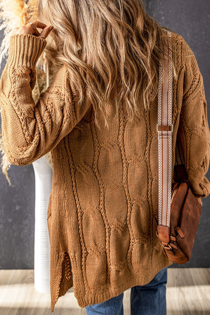 Ribbed Trim Eyelet Cable Knit Cardigan | Khaki