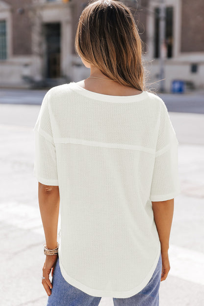 Waffle Knit Drop Shoulder Loose Top | White