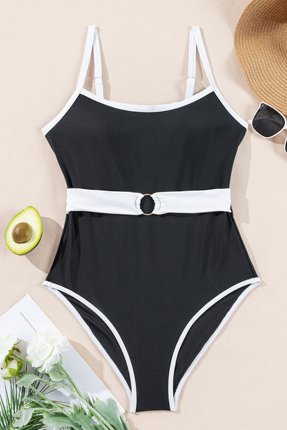 Contrast Trim Two Tone Belted One Piece Swimsuit | Black