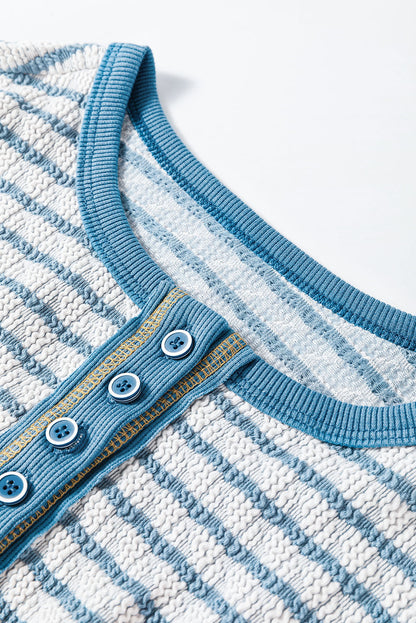 Textured Frilly Trim Buttons Henley Long Sleeve Top | Sky Blue Stripe