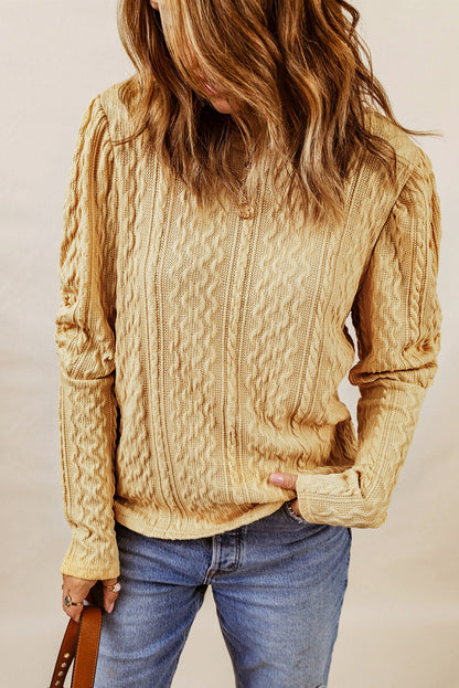 Solid Colour Puffy Sleeve Textured Knit Top | Khaki