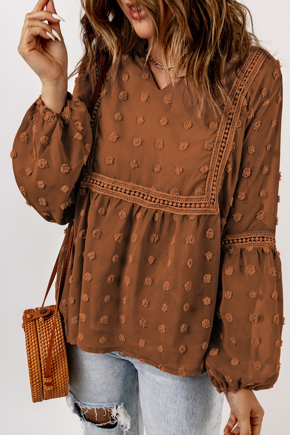 Brown Swiss Dot Split Neck Ruffle Babydoll Blouse