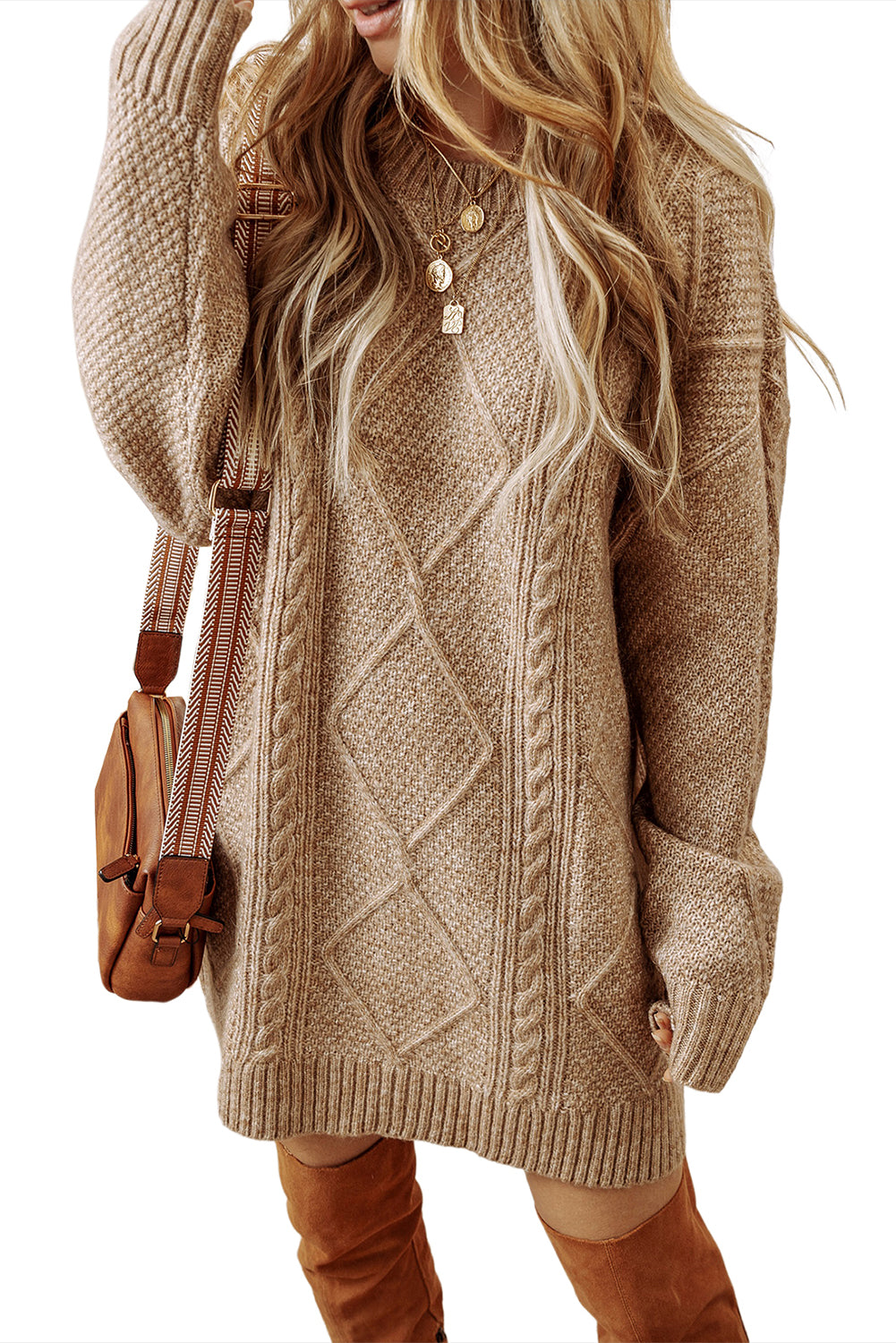 Cable Knit Drop Shoulder Loose Fit Sweater Dress | Parchment