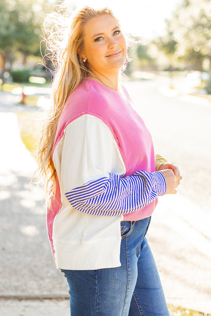 Colourblock Patchwork Striped Puff Sleeve Plus Size Top With Slits | Rose Red