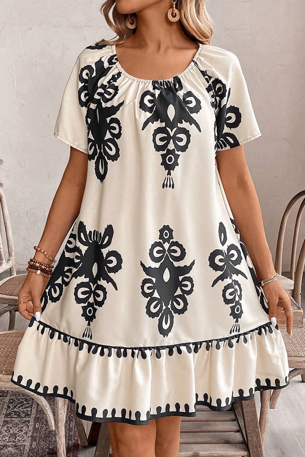 Western Print Ruffled Short Sleeve Loose Dress | Apricot