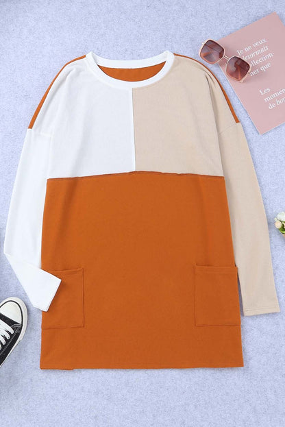 Pocketed Colour Block Patchwork Long Sleeve Top | Orange