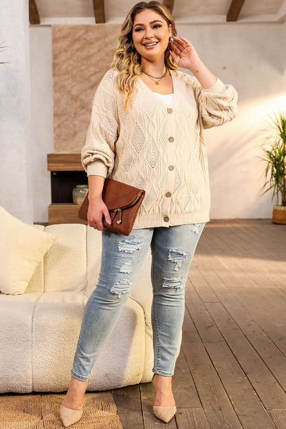 Plus Size Knitted Hollow Out Button Up Cardigan | Apricot