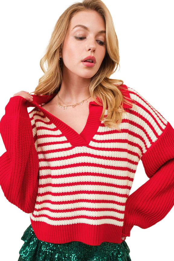 Lantern Sleeve V Neck Collared Drop Shoulder Sweater | Red Stripe