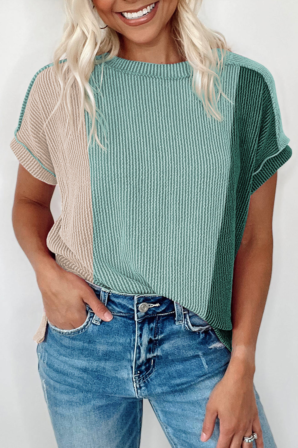 Mint Green Textured Colorblock Crew Neck T Shirt