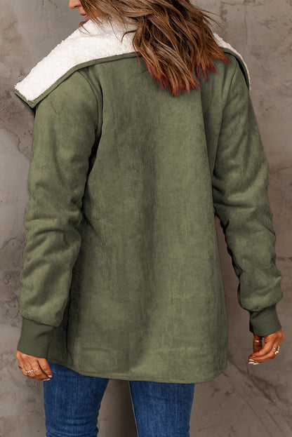 Faux Suede Fleece Lined Open Front Jacket | Green