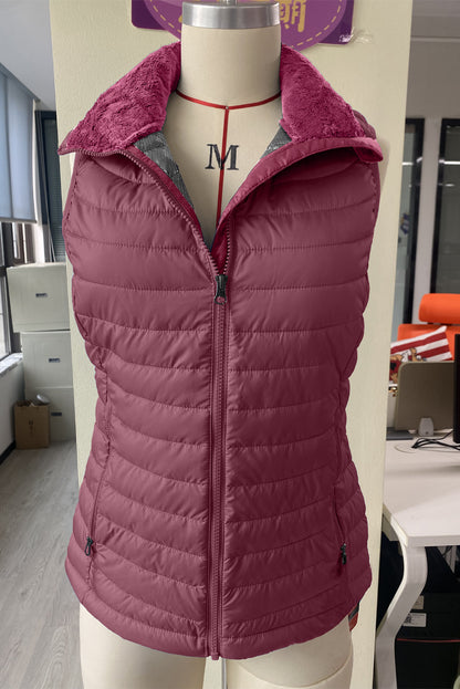 Plush Collared Quilted Zipped Puffer Vest | Burgundy