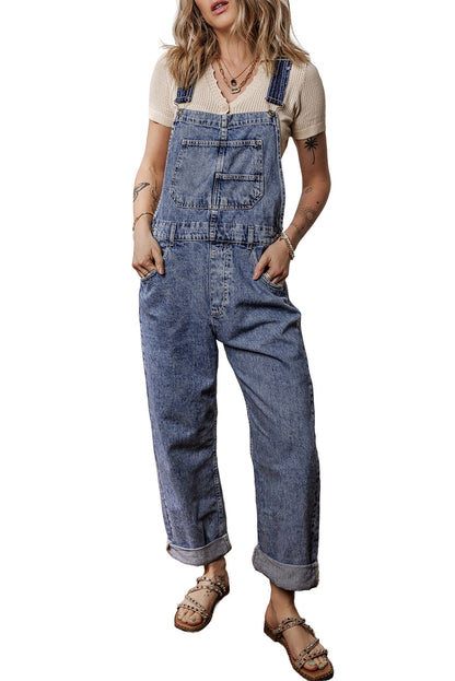 Denim Bib Straight Leg Jumpsuit With Pockets | Sail Blue