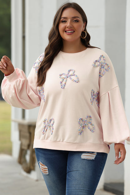 Embroidered Bow Lantern Sleeve Oversized Pullover Sweatshirt | Parchment