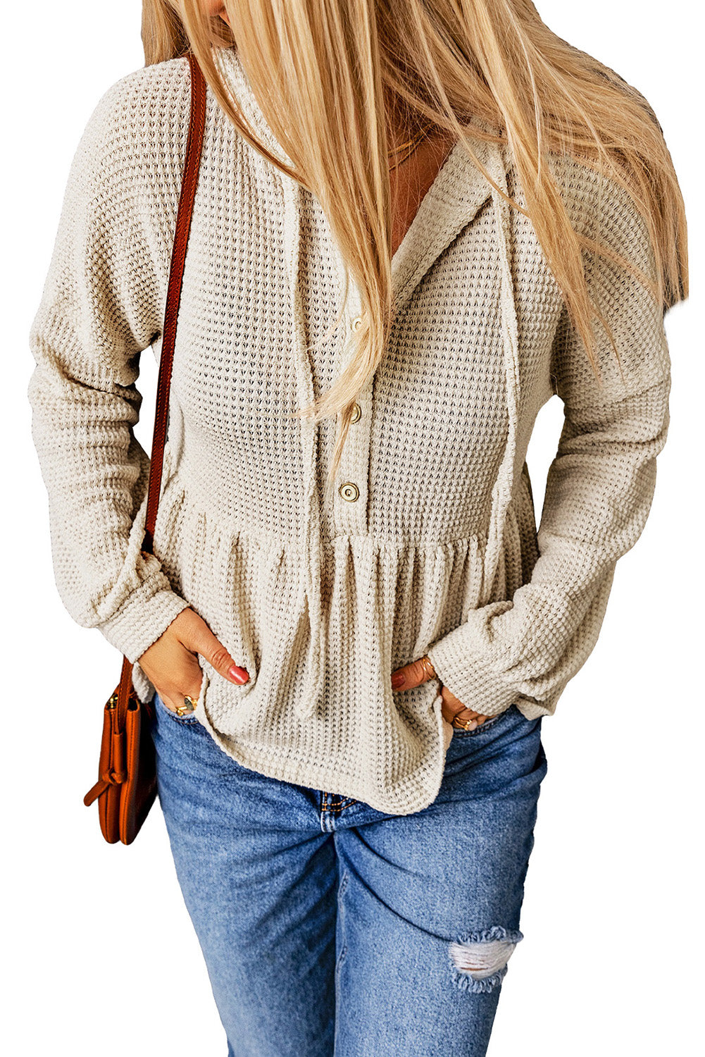 Waffle Knit Buttons Ruffled Hooded Top | Apricot