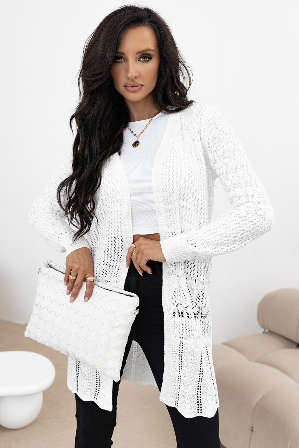 Crochet Hollow Out Open Front Cardigan | White