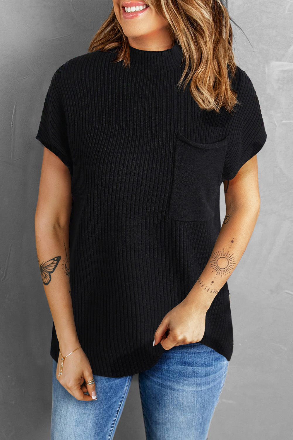 Patch Pocket Ribbed Knit Short Sleeve Sweater | Black