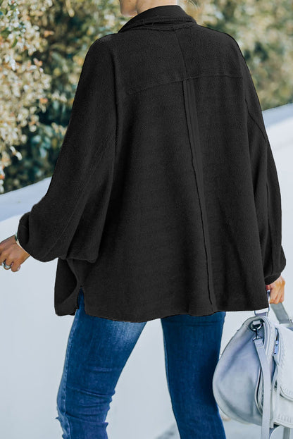 Plus Size Long Sleeve Flap Pocket Henley Top | Black