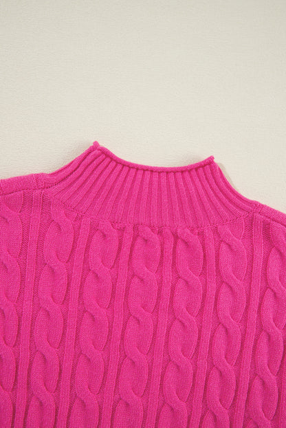 Solid Cable Knit High Neck Drop Shoulder Sweater | Rose Red