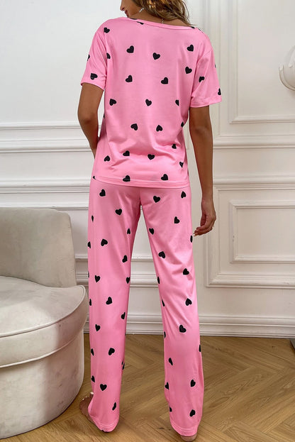 Valentines Heart Print Tee And Pants Lounge Set | Pink