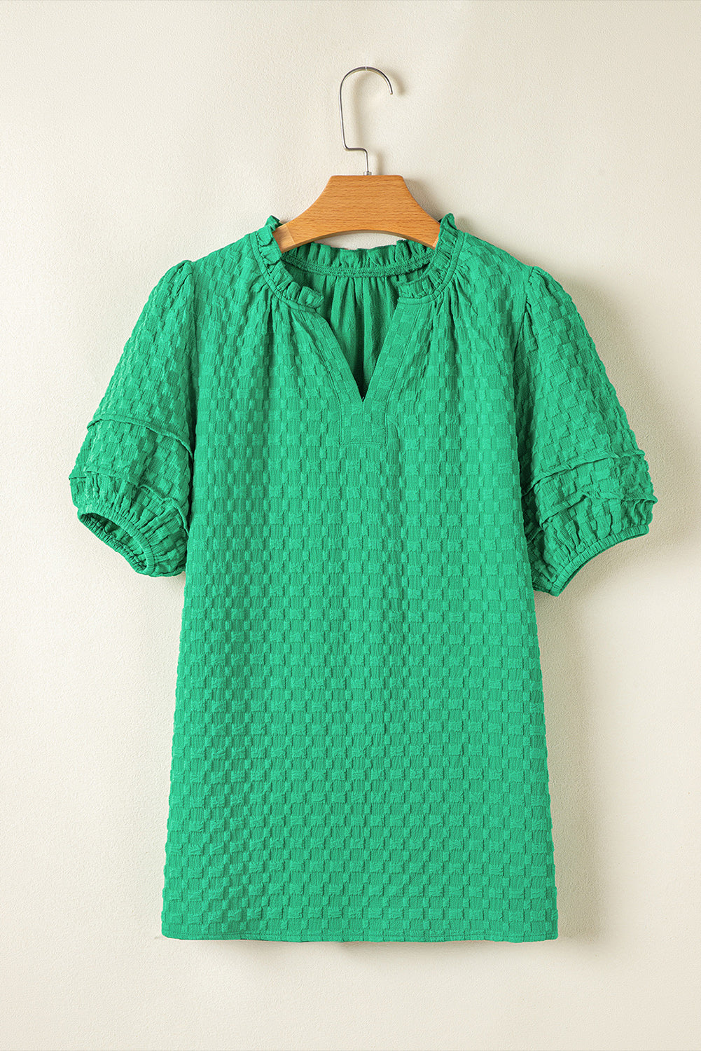 Textured Puff Short Sleeve Notched V Neck Top | Bright Green