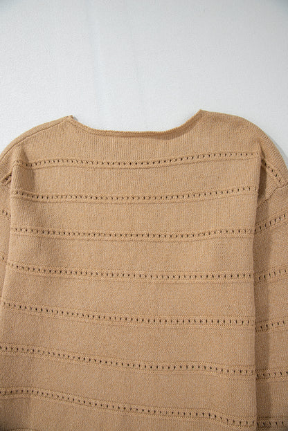 Boat Neck Drop Shoulder Pointelle Knit Sweater | Pale Khaki