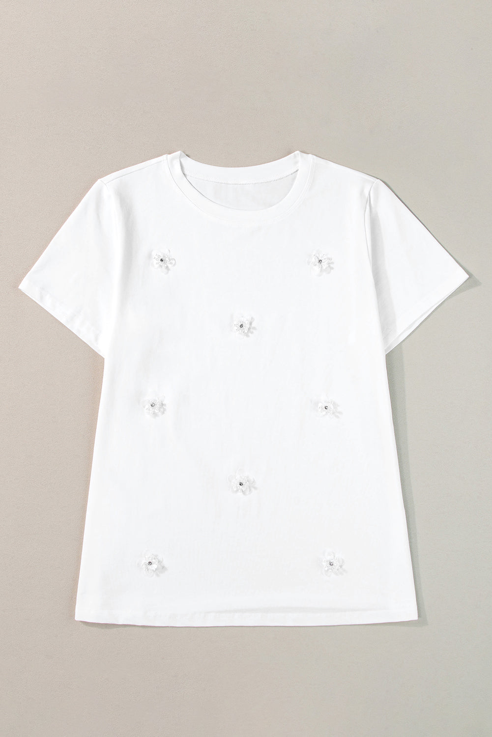 Flower Applique Round Neck T-Shirt | White