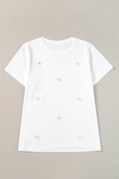 Flower Applique Round Neck T-Shirt | White