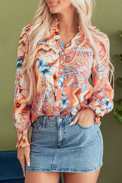 Floral Print Shirred Cuff Buttoned Loose Shirt | Orange