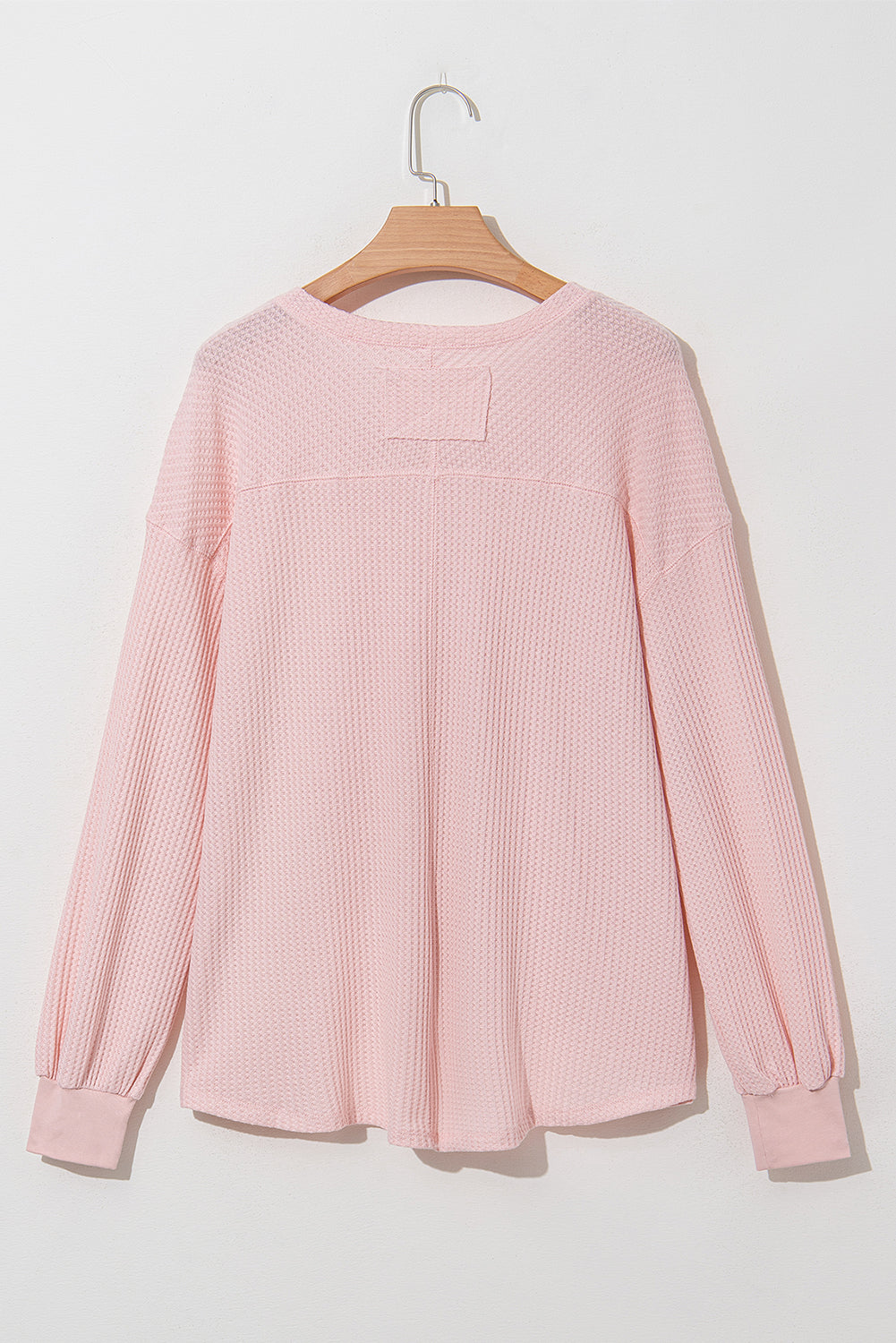 Waffle V Neck Long Sleeve Drop Shoulder Loose Blouse | Light Pink