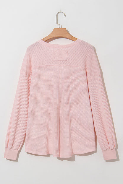 Waffle V Neck Long Sleeve Drop Shoulder Loose Blouse | Light Pink