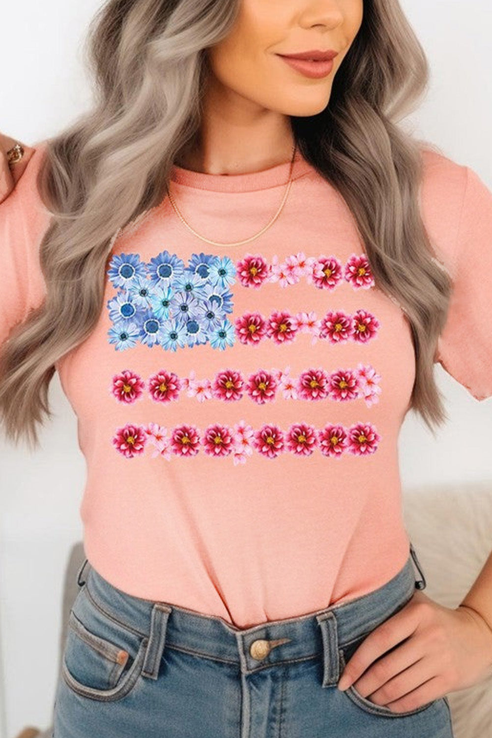 Pink Floral Printed Crew Neck Flag Day T Shirt