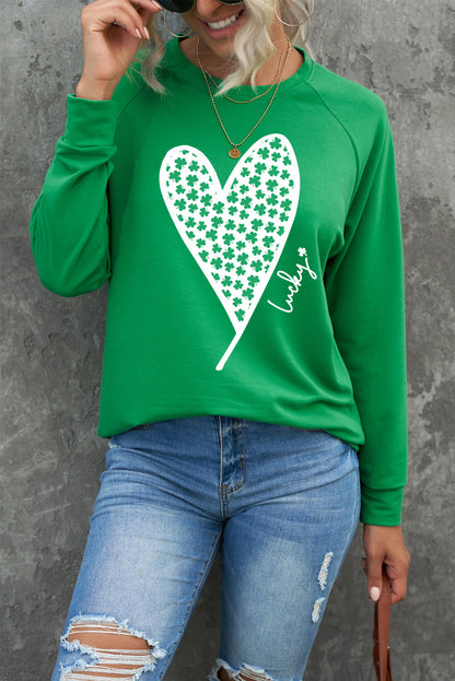 Lucky Clover Heart Graphic Raglan Sleeve Sweatshirt | Green