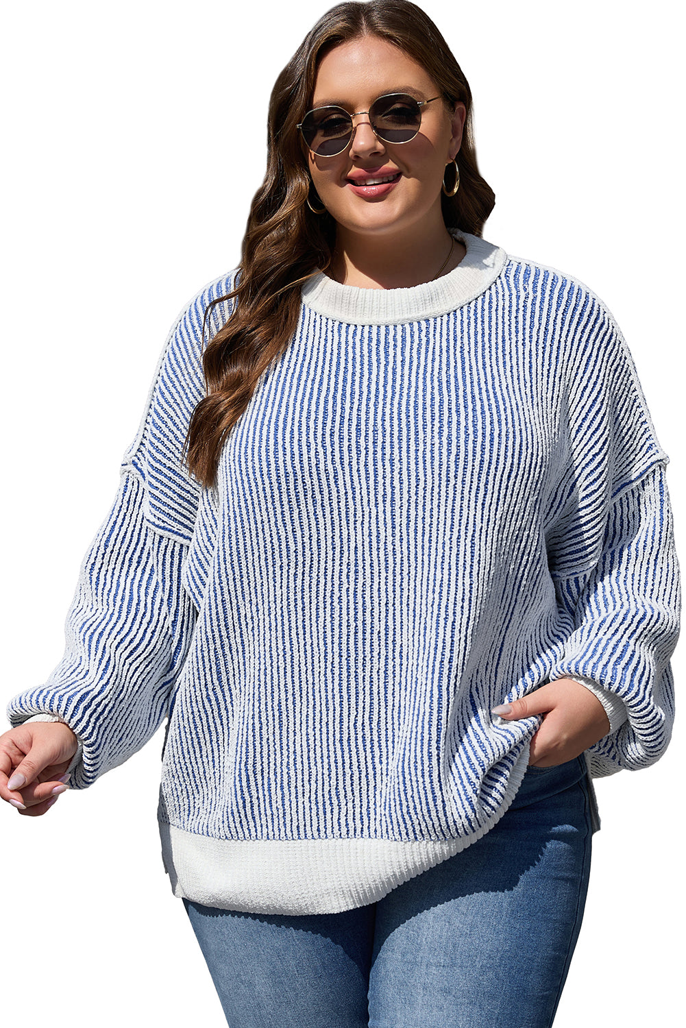 Striped Textured Knit Contrast Edge Loose Sweater | Dark Blue