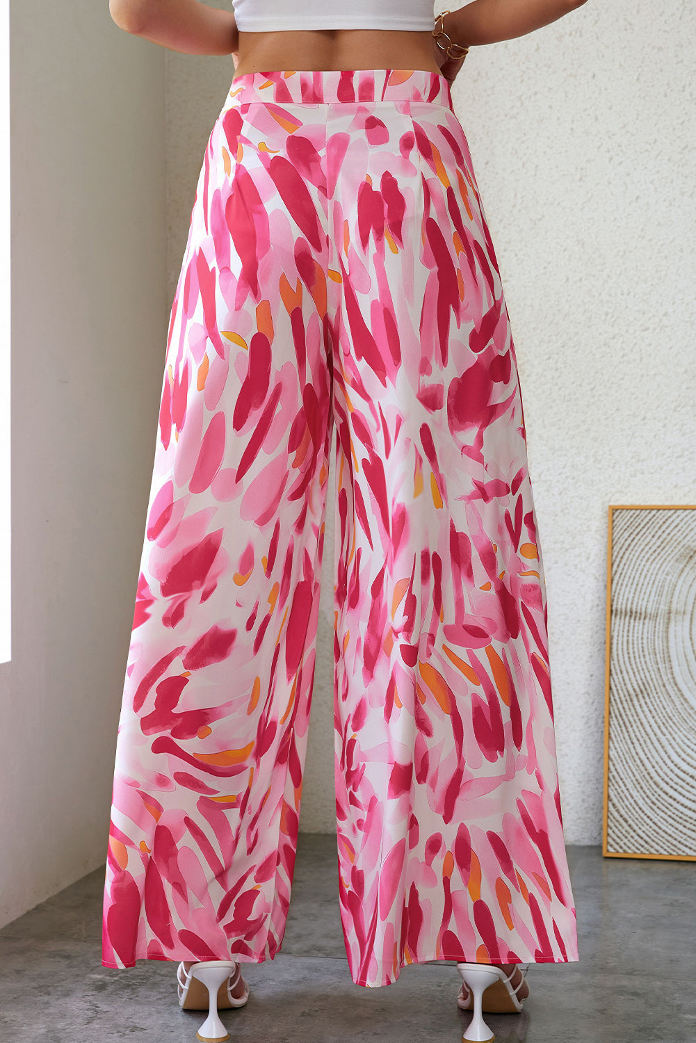 Boho Abstract Floral Print Wide Leg Pants | Rose