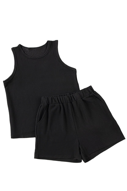 Corded Sleeveless Top And Pocketed Shorts Set | Black