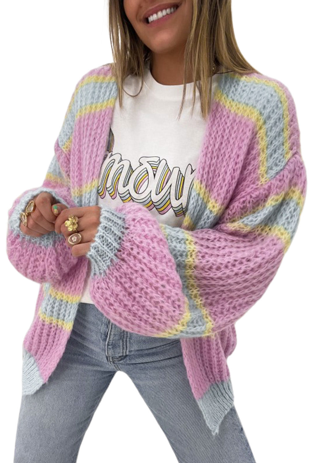 Contrast Striped Open Front Cable Cardigan | Pink