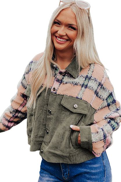 Plaid Corduroy Flap Pockets Boxy Chunky Jacket | Green