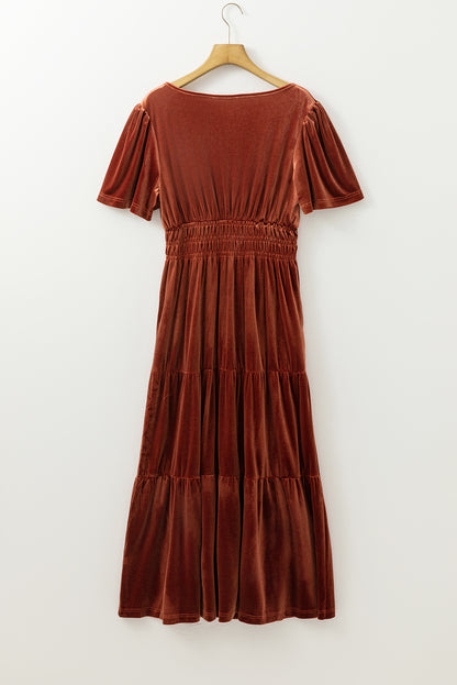 Velvet Short Sleeve Shirred Waist Tiered Maxi Dress | Chestnut