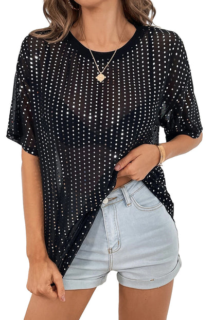 Sequin Drop Shoulder Sheer T-Shirt | Black