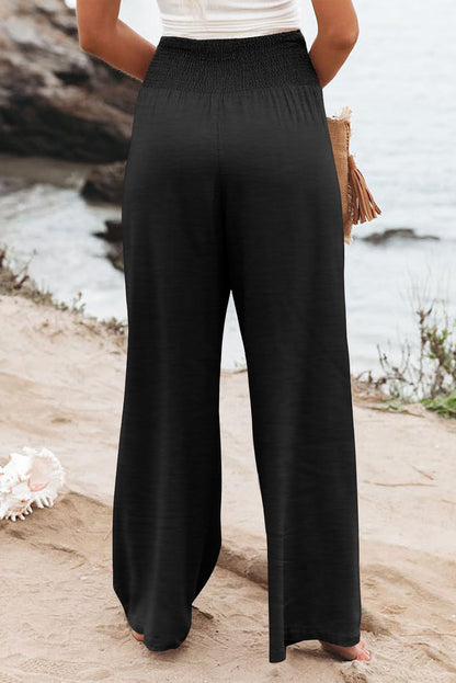 Shirred High Waist Plus Size Wide Leg Pants | Black