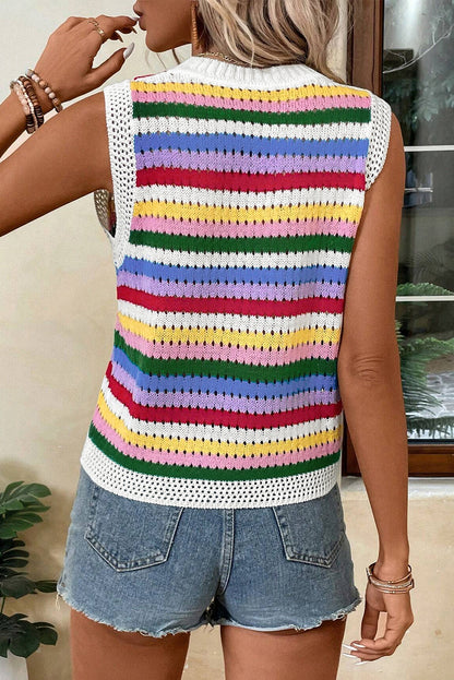 Striped Knitted Eyelet Slim Sweater Vest | Multicolour