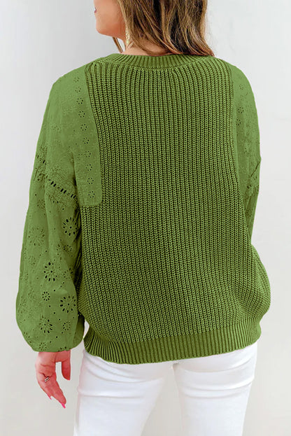 Eyelet Drop Shoulder Patchwork Pullover Sweater | Green