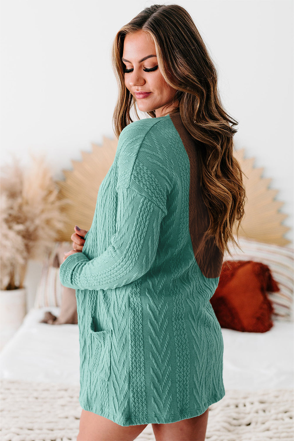 Solid Textured Open Front Cardigan With Pocket | Canton