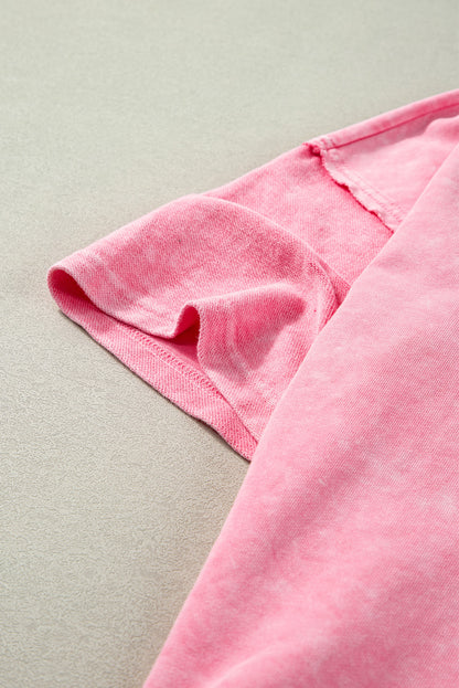 Mineral Wash Drop Sleeve Patchwork Plus Tee | Strawberry Pink